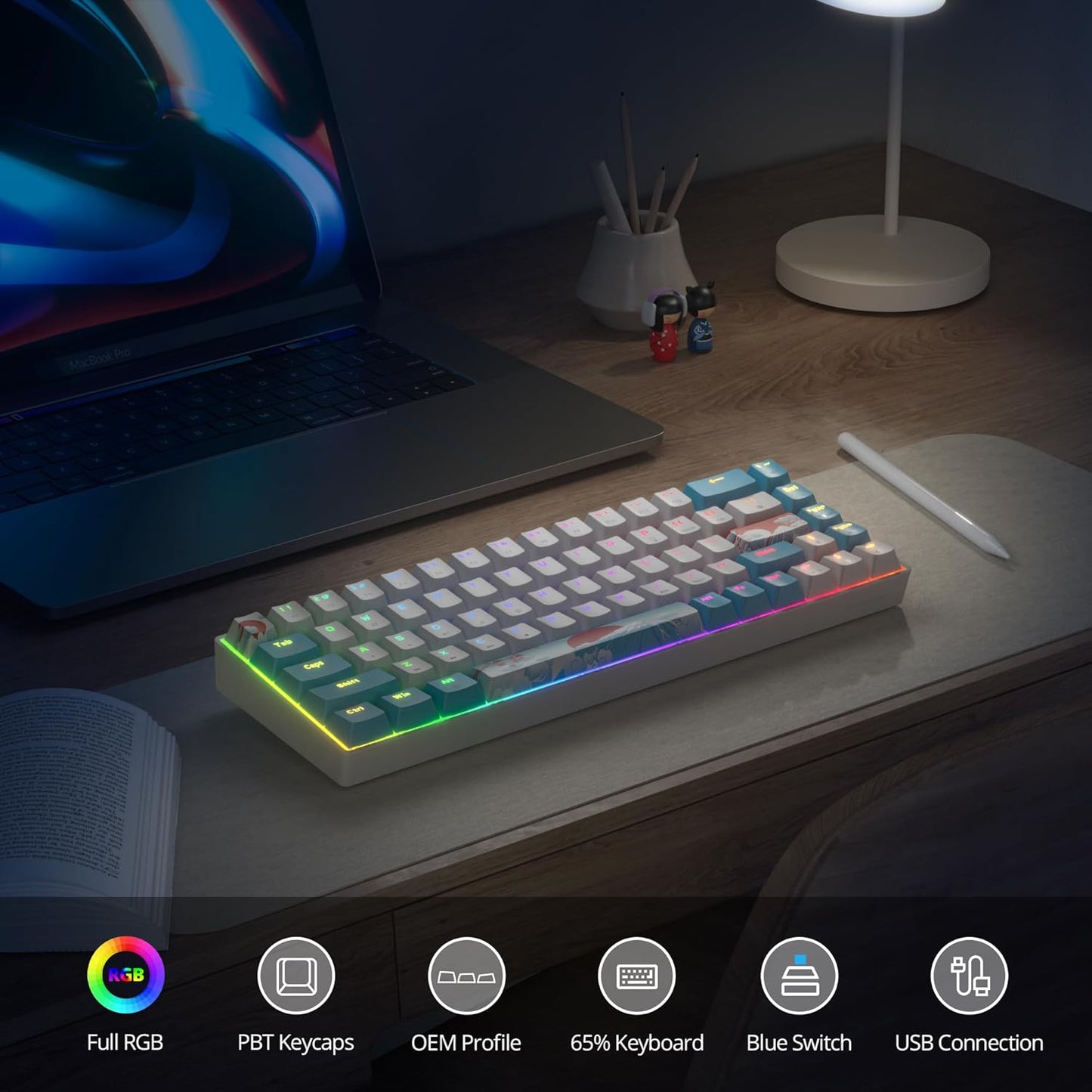 60 Percent Keyboard Mechanical RGB Backlit Wired 60% Gaming Keyboard Blue with PBT Keycaps for Windows PC Gamers (Sea/Red Switch)