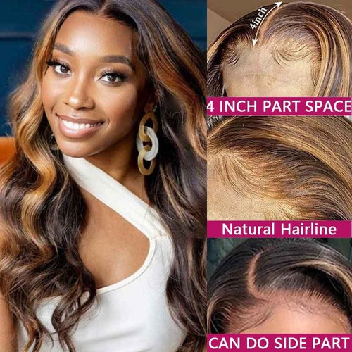 Highlight Ombre Lace Front Wig Human Hair 4x4 Balayage FB30 Body Wave Honey Blonde Lace Frontal Wigs with Baby Hair Natural Hairline Pre Plucked Brazilian Closure Wigs for Black Women 30inch