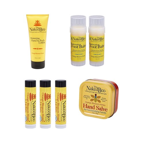 The Naked Bee Orange Blossom Honey Restoration Foot Balm, 2oz + Honey Lip Balms + Hand & Body Lotion, 6.7oz + Hand & Cuticle Healing Salve 1.5oz