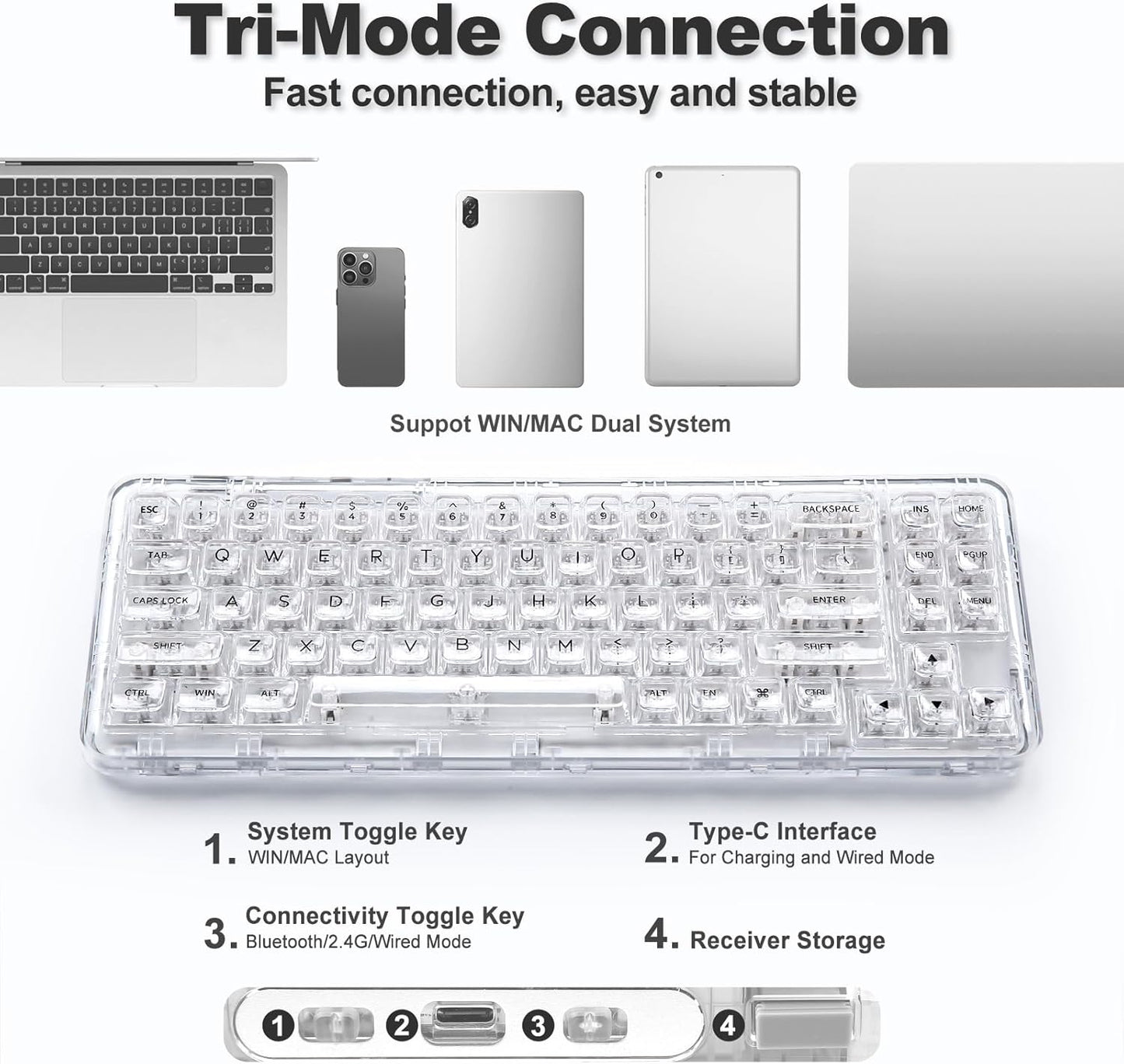 YUNZII X71 Wireless Hot Swappable Transparent Mechanical Keyboard with Clear Keycaps, 68% Layout, BT5.0/2.4G/USB-C Gasket Mount Wireless RGB Backlit for Windows/Mac(Crystal Ice Switch,White)