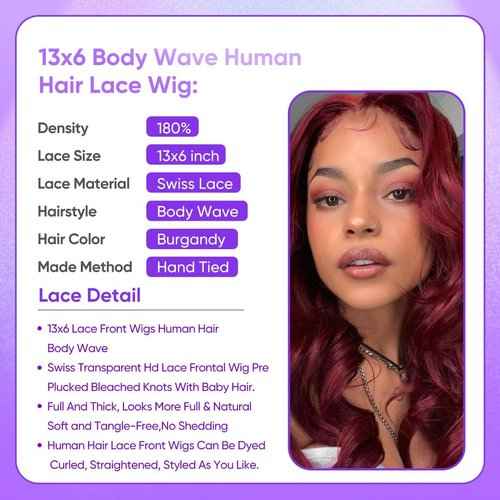 Burgundy Lace Front Wigs Human Hair,13x6 HD Body Wave 99j Burgundy Lace frontal wigs human hair Pre Plucked with Baby Hair, 180% Density Colored Glueless wine red wig human hair for women 22inch