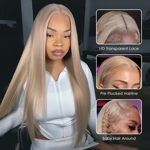 DonsiRol 613 Straight Ash Blonde Wig Human Hair, 13x6 HD Lace Front Wigs Human Hair, Glueless & Pre Plucked Human Hair Wig with Baby Hair, 180% Density Ash Blonde Wig (22inch)