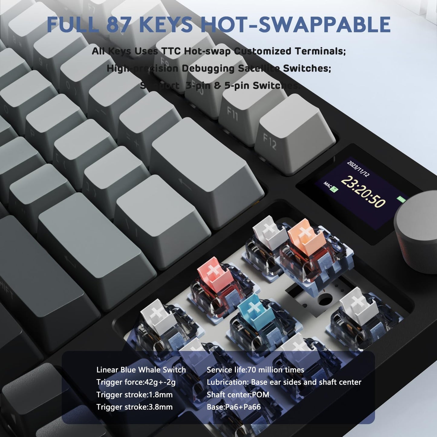 RK86 RGB 75% Wireless Gasket Mechanical Keyboard,Triple Mode Bluetooth5.0/2.4G/USB-C 82 Keys Hot Swappable Gaming Keyboard 4000 mAH Battery w/Knob & 1.2'' HD OLED Display,Custom Linear Switches