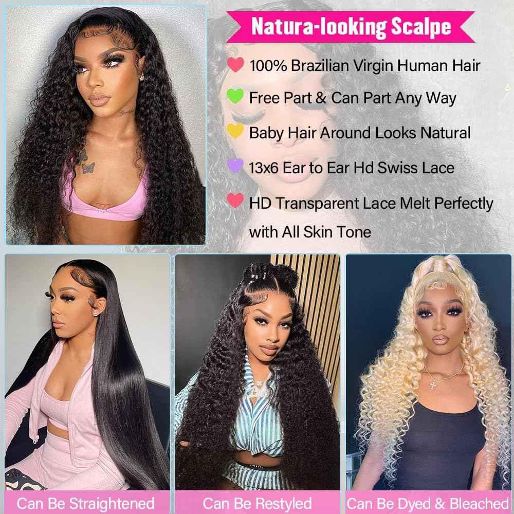 KRKRYQ 28 Inch 13x6 HD Transparent Lace Frontal Wigs Human Hair 200% Density Deep Wave Lace Front Wigs Human Hair Curly Human Hair Wigs for Women Pre Plucked with Baby Hair Natural Color