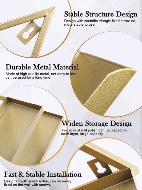 EBANKU 6PCS Nail Polish Racks 5 Tiers Nail Polish Shelf for Wall Triangular Display Rack Cosmetic Display Cases Lipstick Perfume Wall Shelf Essential Oil Organizers for Home Spa Nail Salon Shop(Gold)