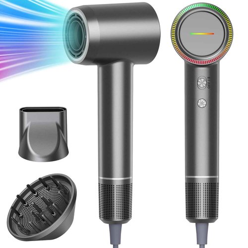 Hair Dryer, High Speed Powerful Negative Ionic Blow Dryer with 160000 RPM Brushless Motor for Fast Drying, Professional Low Noise Hairdryer with Diffuser and Nozzle, 4 Temps & 2 Speeds (Premium Gray)