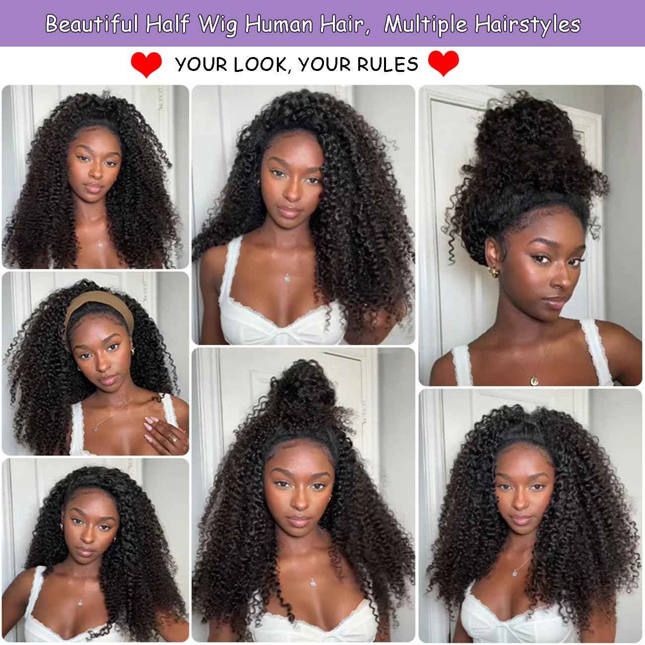 Half Wig Human Hair 210 Density Kinky Curly Half Wig for Black Women 3 In 1 Seamless Flip Over Human Hair Half Wig Glueless Wear and Go Beginner Friendly Drawstring Headband Wig Human Hair 14 inch