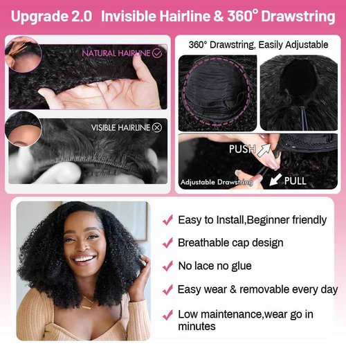 GYRJC 22 Inch Half Wig Human Hair 200% Density Kinky Curly Half Wig 3 In 1 Seamless Drawstring Curly Human Hair Wig Wear Go Glueless Wigs Human Hair Beginner Friendly Short Headband Wig for Women