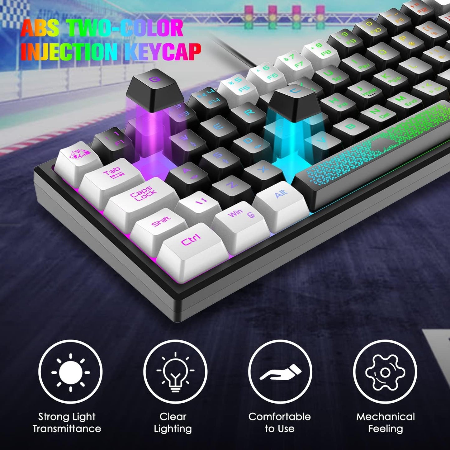 60% Gaming Keyboard and Mouse Combo Small Mini RGB Backlight Mechanical Feeling and Mechanical RGB 6400 DPI Honeycomb Optical Mouse,Gaming Mouse pad for Gamers and Typists Black