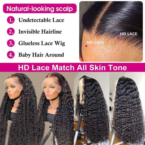 Deep Wave Lace Front Wigs Human Hair Wigs for Women 13×6 HD Lace Front Wigs Human Hair Pre Plucked with Baby Hair Deep Curly Lace Frontal Wigs Human Hair 180% Density 26 Inch