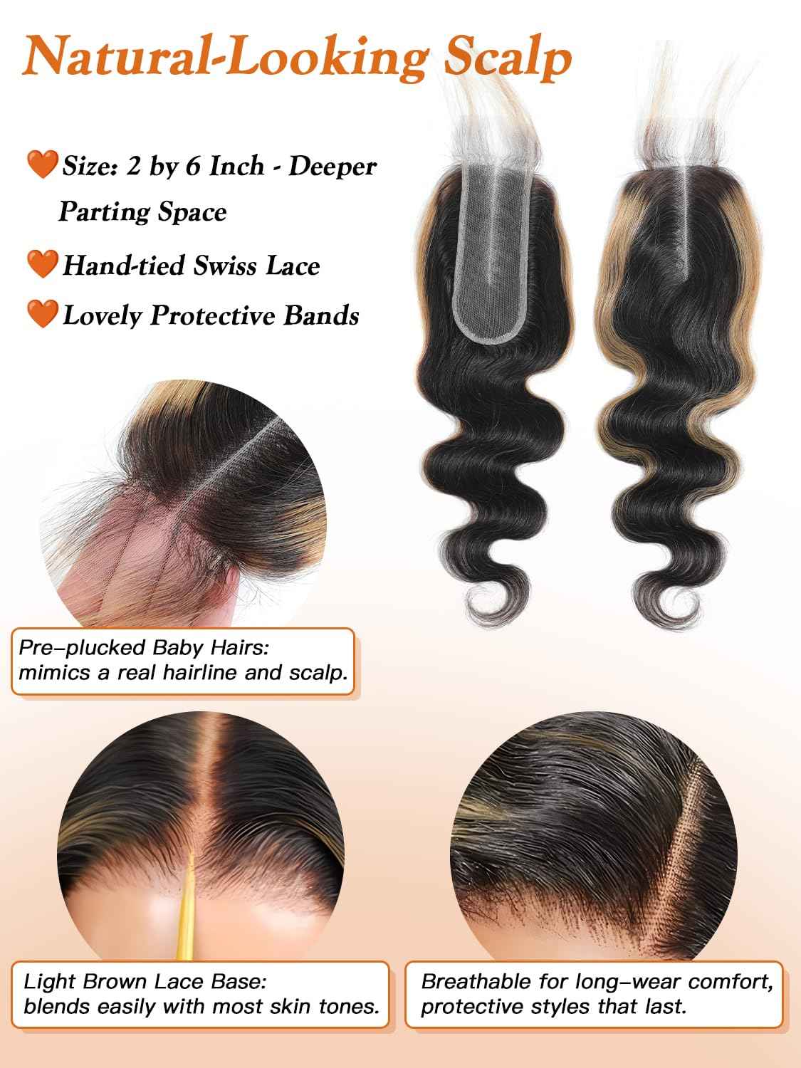 Honey Blonde Highlight Body Wave 2x6 Closure with Bundles 12 14 16 +10 Inch, 1b/27 Black and Blonde Balayage Loose Wave Sew In Weave Bundles with HD Lace Closure