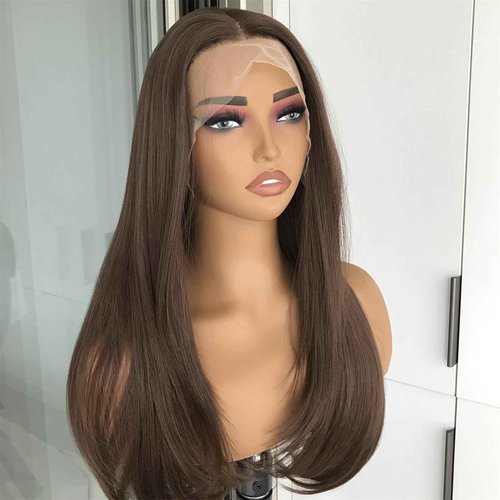 mytonecoo 13x4 Chocolate Brown Lace Front Wig Synthetic Hair HD Transparent Straight Lace Frontal Wigs Pre Plucked Brown Wig Colored Synthetic Lace Wigs for Women Long Layered Wig Daily 22inch