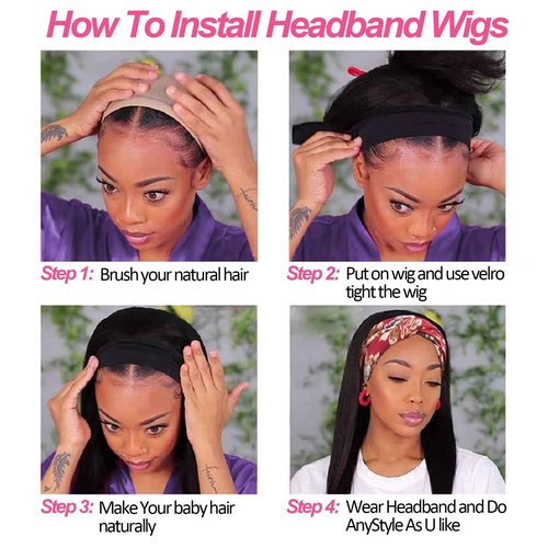 olimaruly Straight Headband Wig Human Hair Wear and Go No Lace Machine Made 24 Inch Straight Headband Wig Glueless 180% Density Headbands Wigs Human Hair Natural Black Color