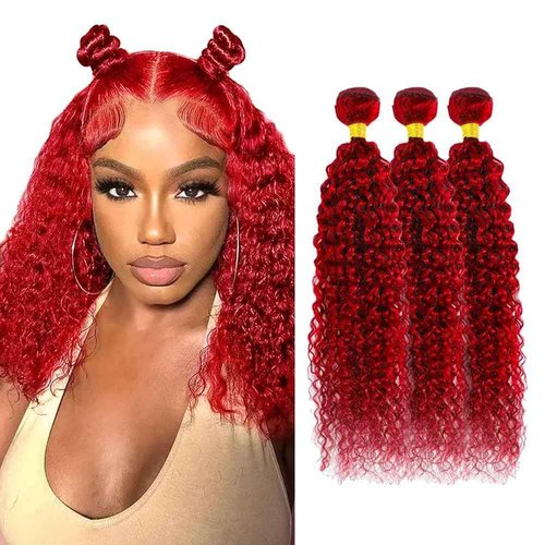 Red Human Hair Bundles Burgundy Kinky Curly Bundle 16 18 20 Inch Grade 8A Brazilian Virgin Remy Hair 3 Bundles Double Weft Bright Red Bundle Hair Weave