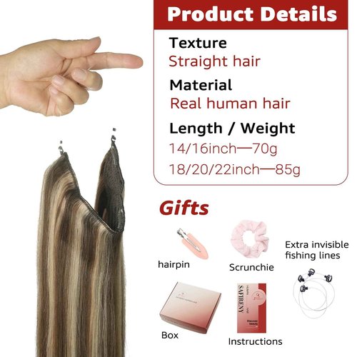 SAFIRENY Invisible Wire Hair Extensions Real Human Hair, 22 Inch 85g Jet Black Hair Extensions Seamless Fish Line Hair Extensions Natural Look Real Hair Extensions for Women(#1-22inch)