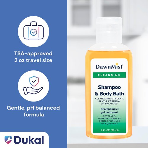 Dukal DawnMist Shampoo & Body Bath, 2 oz Bottles with Dispensing Cap – Pack of 144 – Gentle All-in-One Cleanser for Hair & Skin