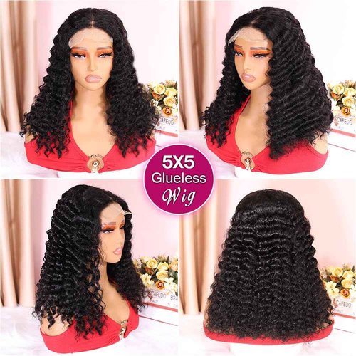 Ailwelia Curly Bob Wig Human Hair Deep Wave 200% Density 5x5 HD Lace Closure Wigs Human Hair Bob Wigs For Black Women Wear And Go Glueless Curly Wig Black Color 16 Inch