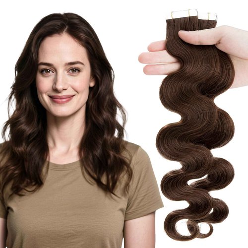 Elailite Wavy Tape in Hair Extensions Human Hair Body Wave Real Remy Hairpieces Medium Brown 18 Inch 50g 20pcs Invisible Seamless Skin Weft Best Tape for Women