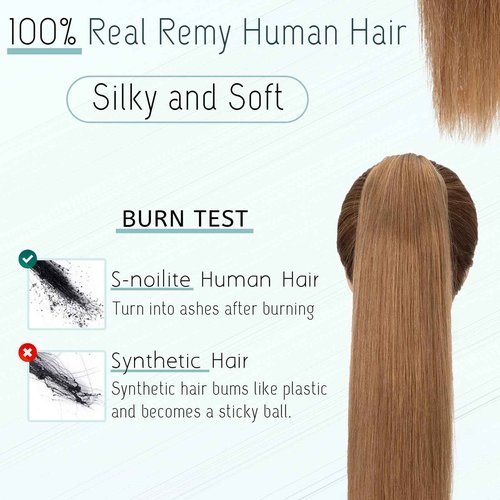 S-noilite Claw Clip Ponytail Extension Human Hair #6 Light Brown Real Remy Human Hair Ponytail Extension 14inch Long Straight Hair Pony Tails Hair Extensions For Women 105Grams