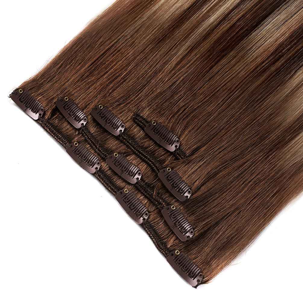 22" Hair Extensions Clip in Human Hair for Women - Silky Straight Chocolate Brown to Honey Blonde Highlight Brown Ombre Hair 90grams 4pieces #(4T27) P4 Color