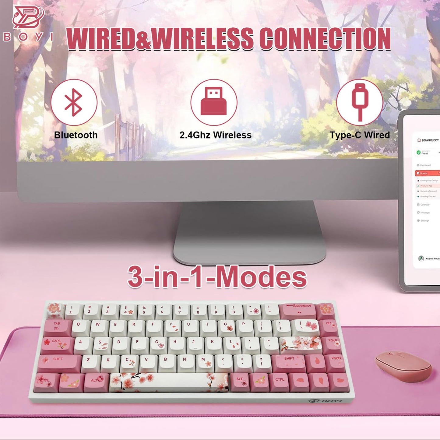 ZMX X BOYI Cherry Blossom Pink Gaming Keyboard,65% Compact 68 Keys Mini Hot Swap Tri-Mode BT/2,4G/Type-C Wireless Mechanical Keyboard with Dye-Sub PBT XDA Keycaps (Yellow Switch)