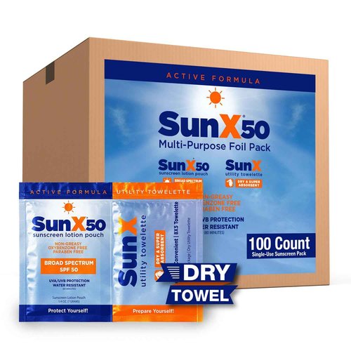 CoreTex Sun X 50 Broad Spectrum Sunscreen Packets & Dry Towels Duo Kit - Pack of 100 Paraben, Oxybenzone, Octinoxate, & Oil Free Sunscreen - No White Cast and Water Resistant Up to 80 Minutes