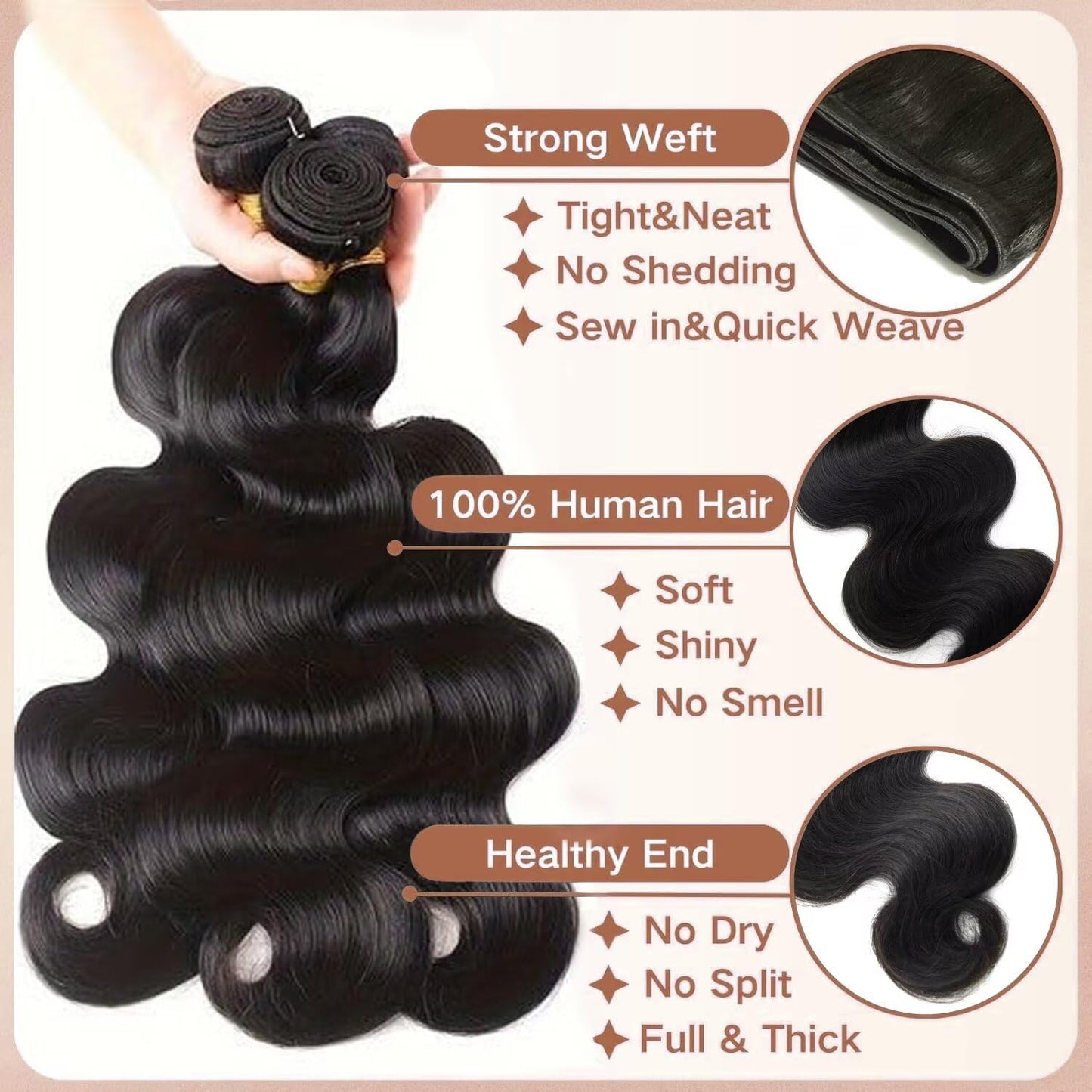 KRN Body Wave Bundles Human Hair 12 14 16 Inch 14A Raw Human Hair Bundles 100% Unprocessed Brazilian Virgin Hair Body Wave Bundles Natural Color