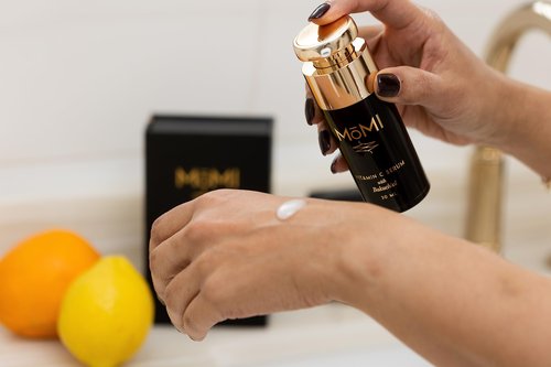 MōMI Vitamin C Serum with Bakuchiol. Brightening, firming, helps with hyperpigmentation. Contains 20% THD Ascorbate, HA, Ferulic Acid, Vitamin E and Bakuchiol,
