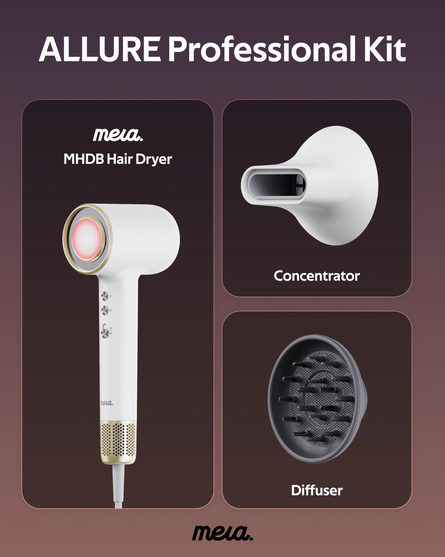 Professional Bi-Ionic Hair Dryer- mera Classic -Fast Drying Salon Results Blowdryer w/Magnetic Diffuser & Concentrator for Women, One Button Safe Mode for Cooling, cUL Certified, Lightweight, Travel