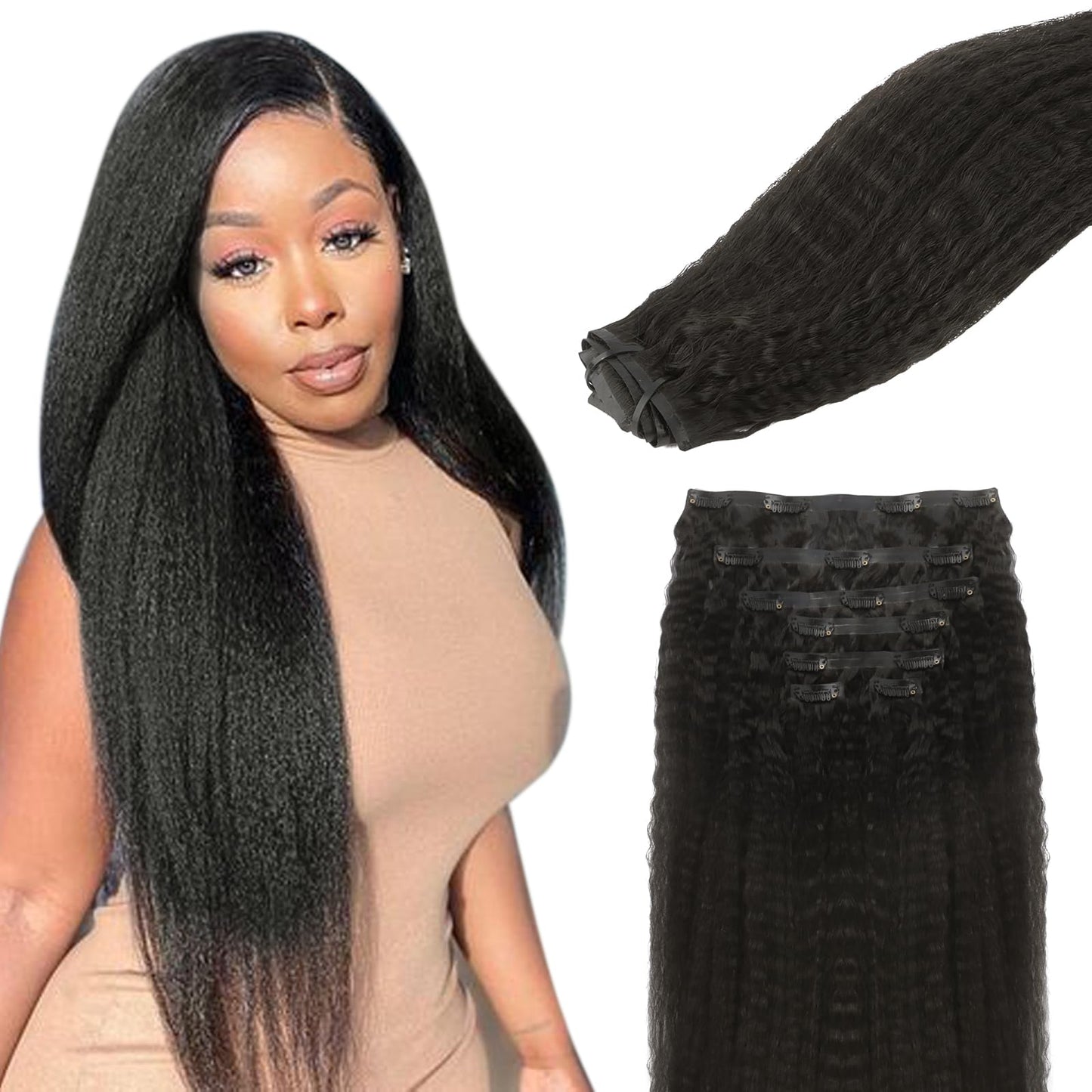 Lashey Clip in Hair Extensions Real Human Hair 110g Kinky Straight Seamless Clip in Hair Extensions Natural Black 14 Inch Human Hair with Invisi Edge for Black Women
