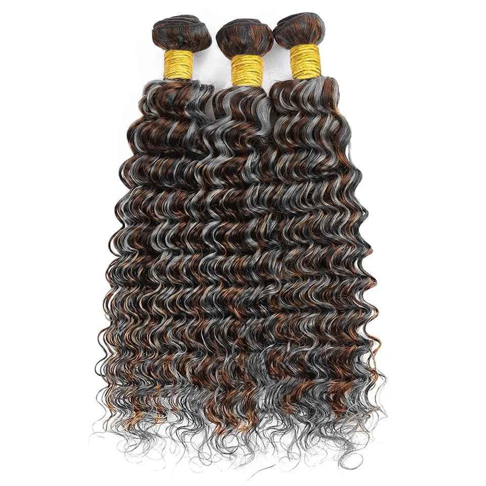 Giginger Bundles Human Hair P4/GREY 26 28 30 inch Deep Wave Human Hair Bundles Highlight Chocolate Grey Unprocessed Quick Weave Soft Sewn In Hair Extensions for Black Women