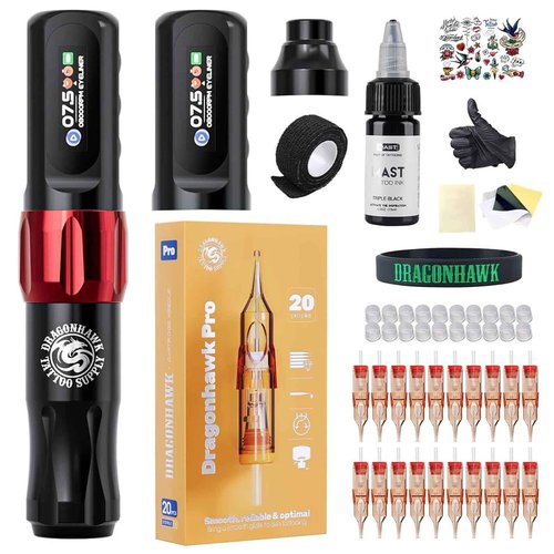 Dragonhawk Atom2 Cordless Tattoo Gun Kit - Lightweight & Silent Rotary Tattoo Machine Gun 20 Cartridge Needles 2 Batteries Multiple Modes Complete Tattoo Kit for Beginners