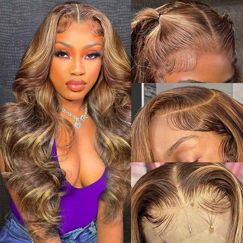 SWEETGIRL 13x6 Lace Front Wigs Human Hair Highlight Ombre Lace Front Wig Human Hair Honey Blonde Colored Hd Lace Frontal Wigs for Women Pre Plucked Body Wave Wig 180 Density 24 Inch P4/27