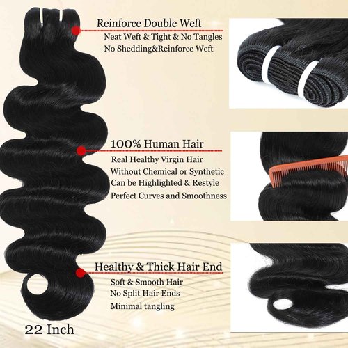 12A 16 18 20 22 Inch Human Hair Bundles Body Wave Bundles Human Hair Thick 4 Bundles 100% Unprocessed Virgin Human Hair Quick Weave Real Human Hair Extensions Natural Black for Women