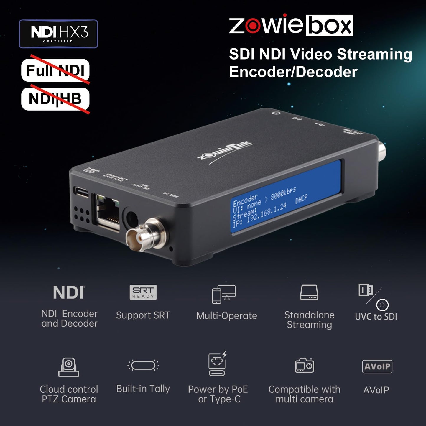3G SDI Native NDI|HX3 Video Streaming Encoder Decoder, ZowieBox, UVC to SDI Converter, SDI Video Capture Extender with Loopout, SRT/RTMP(S)/RTSP to NDI, Standalone H.265/H.264 Live Stream with PoE