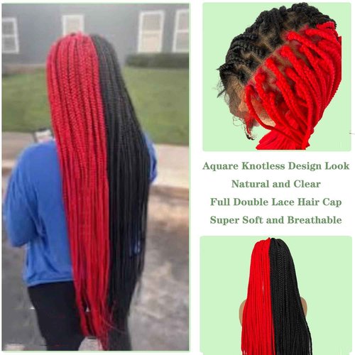 Voloria Braided Wigs for Black Women 9x6inch Double Lace Front Square Knotless Box Braid Wig Pre Plucked with Baby Hair Synthetic Hand Braiding Hair Wigs Cornrow Braids 36 Inch