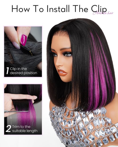 Arabella 12inch 6x6 Bob Wig Human Hair and 4 Pcs 1B/Purple Clip in Hair Extensions Ready to Go Glueless Wig Real 210% Density Straight Glueless Bob Wigs Human Hair Pre Cut Lace Pre Bleached Tiny Knots