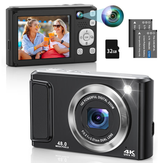 4K Digital Camera for Photography with Front and Rear Lens,48MP Autofocus Vlogging Camera with Flash,Anti-Shake & 16X Zoom for Teens,Adults