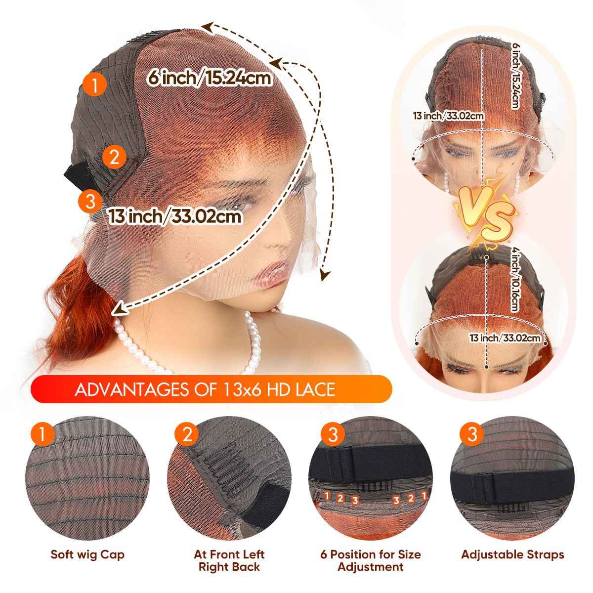 Ginger Lace Front Wig Human Hair Pre Plucked With Baby Hair, 13x6 HD Body Wave Lace Frontal Wig, 180% Density Colored Glueless Orange Wig for Women 24 Inch