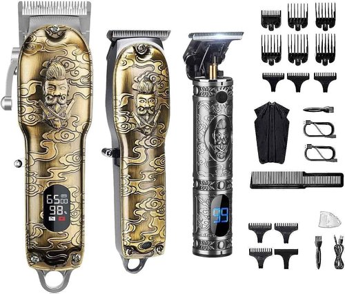 Suttik Haircut Clippers and Trimmers Set of 3, Cordless Ornate Hair Clippers for Men Professional Barber Clippers for Hair Cutting Kit with T-Blade Beard Trimmer Set, Knight, LED Display(Gold)