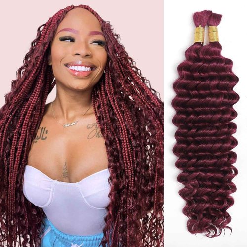 FAKOT Burgundy Human Braiding Hair 100g 22 Inch Deep Wave Bohemian Hair for Braiding, No Weft, 99J, Boho Braids, 2 Bundles/Pack