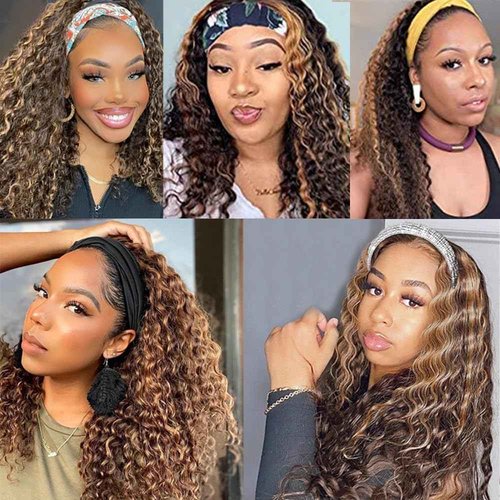 P4/27 Deep Wave Headband Wig Brown And Honey Blonde Human Hair Headband Wig 130% Density Grade 8A Brazilian Remy Hair Machine Made Wigs 18 Inch