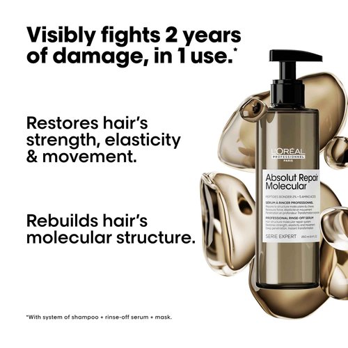 L'Oréal Professionnel Paris Absolut Repair Molecular Shampoo & Rinse-Off Serum Set - Strengthening For Dry Damaged Hair, With Peptide Bonder & Amino Acids, Sulfate-Free