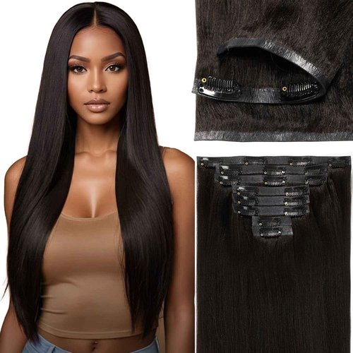 Loxxy Seamless Clip in Hair Extensions Human Hair Long Yaki Straight Clip ins Human Hair Skin Weft Ultra-Invisible Clip in Hair Extensions 20 Inch #1B 7Pieces