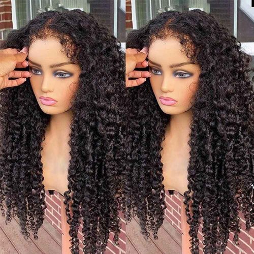 Youleas 180% Density 13x4 Kinky Curly Edges Baby Hair Lace Wig Deep Wave Curly Lace Front Human Hair Wigs Kinky Curly Edges Hairline Transparent HD Lace Frontal Wig (16inches)