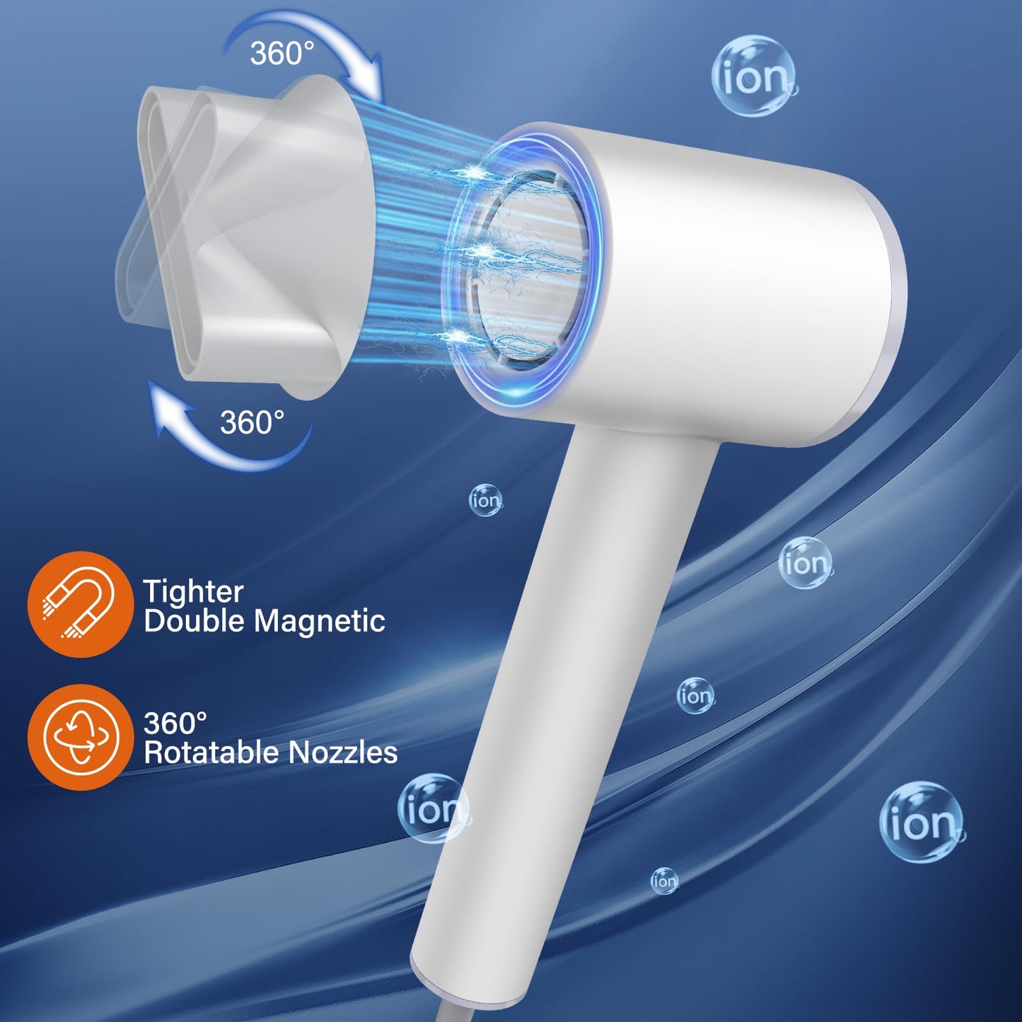 Professional Hair Dryer Blow Dryer, 1600W Ionic Hair Dryer with LED Display&Magnetic Nozzle, Portable Hair Dryer with 4 Temps 3 Air-speeds, Low Noise Hair Blow Dryer for Travel, Home-Shell White