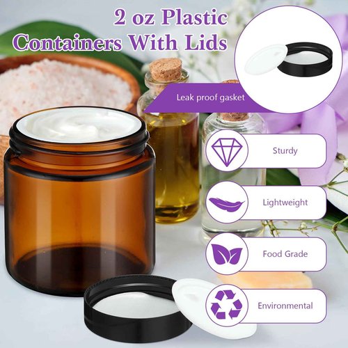 50 Pcs 2 oz Amber Glass Jars with Black Lids Leakproof Round Airtight Jars Empty Cosmetic Jars with Inner Liners Lid for Candle Making Storing Lotions Spice Powder Liquid Sample Makeup (Black,Amber)