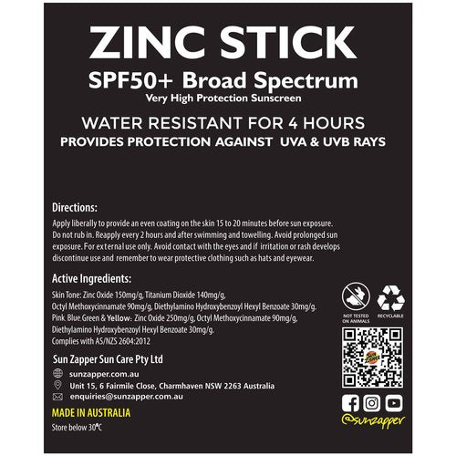 Sun Zapper Zinc Stick Mineral Sunscreen (Light Skin Tone, Pink, Blue, Green, Yellow) SPF 50+ Water Resistant for Face & Body, Adults, Kids, 8-Pack Broad Spectrum Sun Block, Made in Australia