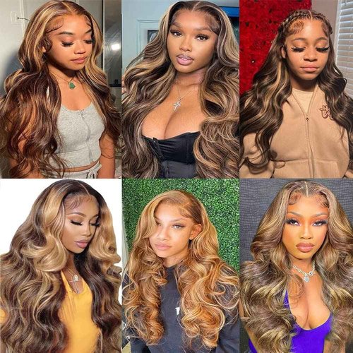 Yllies Honey Blonde Highlight Ombre Middle Part Lace Front Wigs Human Hair T Part HD Transparent Lace Body Wave Wigs 180% Density Brazilian Human Hair 4/27 Colored Glueless Wigs for Women(24 Inch)