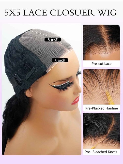 Tahikie Glueless Wigs Human Hair Pre Plucked Pre Cut 220% Density 24 Inch 5x5 HD Lace Closure Wigs Human Hair Body Wave Lace Front Wigs for Beginners Ready to Go Wig Natural Color